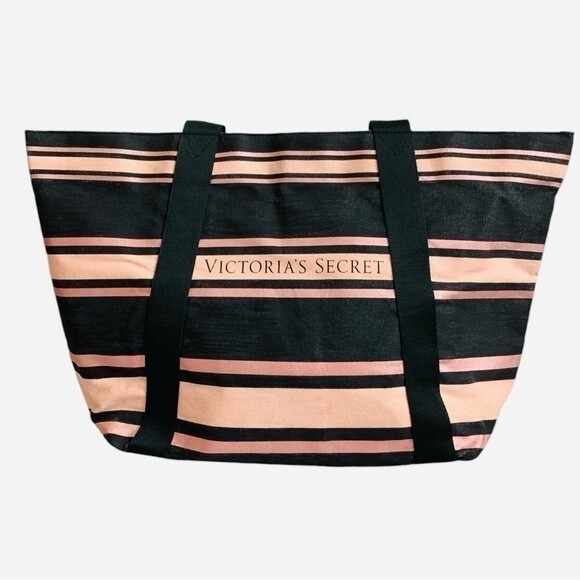 Victoria’s Secret Weekend Tote Bag Black Pink Canvas Travel Shopper Excellent - Picture 2 of 7